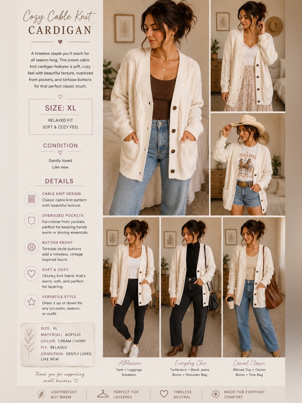 Cream Cable Knit Button-Front Cardigan Sweater